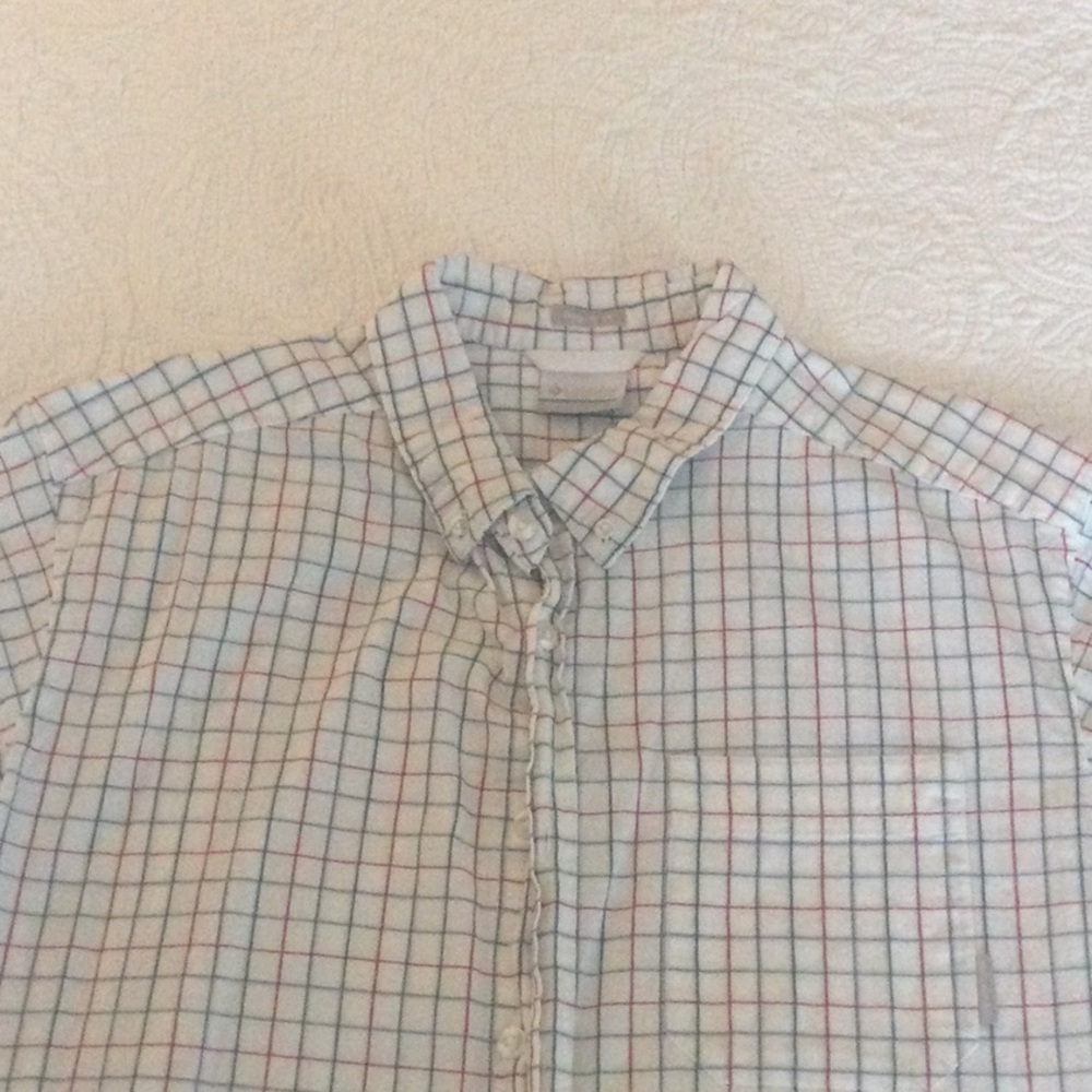 Men's White Check Button-Up Shirt with Blue & Red Grid
